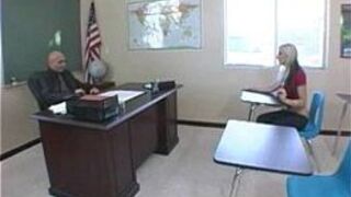 Sexy blonde teen lays on desk and get fucked by her teacher porn video
